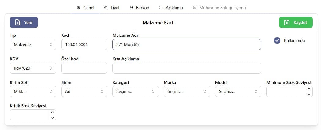 Malzeme kartı ekran görüntüsü