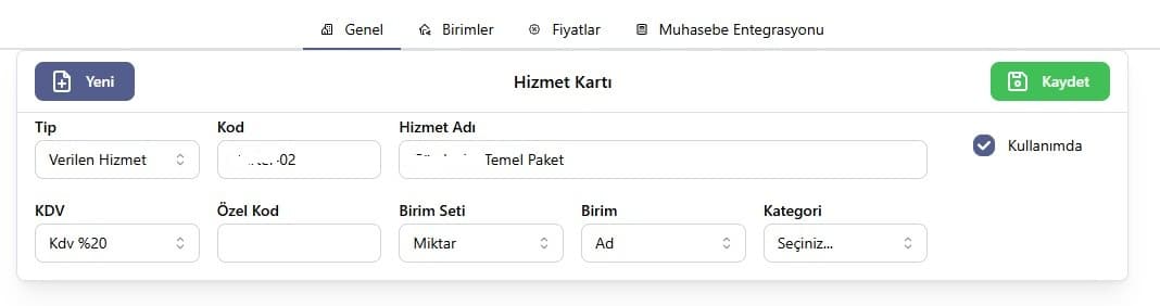 Hizmet kartı ekran görüntüsü